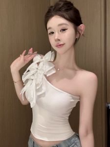 GUZILIAN | Áo vest không tay ngắn kiểu Pháp mùa xuân hè cho nữ thiết kế hở vai thắt nút bướm áo khoác ngoài thời trang áo ngắn áo cổ chữ V