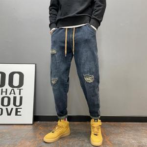 Retro American Washed Denim Jeans Mens Trendy Slim Fit Casual Long Pants Elastic Waist Harlan Style Youthful Popular Jeans