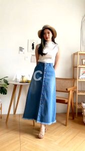 Rok Panjang Gamis Jeans Wanita - Skirt Long Button Geraldyn WB - Rok Jeans Rumbai Panjang - Real Picture & Good Quality (Ready Stock)