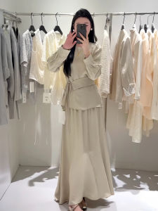 French Elegant Satin Two-Piece Set Womens Spring Irregular Belted Shirt High Waist Mini Skirt Long Sleeve round Neck Ensemble