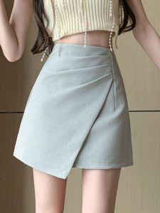 High Waist A-Line Mini Skirt Womens Suit Berkeley Pleated Slimming Short Skirt Polyester Fiber Elastic Fiber Pure Color