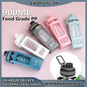 Water Bottle With Straw Handle Large Capacity Square Plastic Leakproof Tumbler For Kids Adult 900ML