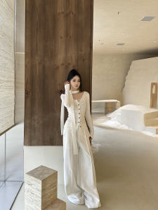 Femedu ลำลอง หลวม ผู้หญิง กางเกงขายาว สูง เอว ขากว้าง กางเกงขายาว สีขาว พรางหุ่น Drapey ความยาวพื้น โพลีเอสเตอร์ Blend