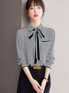 เสื้อเชิ้ตผ้าชีฟองลายสก็อตแฟชั่นฤดูใบไม้ผลิและฤดูใบไม้ร่วงสำหรับผู้หญิง แขนยาว สไตล์ยุโรป คอลเลกชันไฮเอนด์