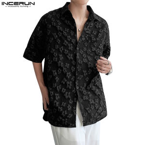 INCERUN Mens Short Sleeve Lattice Floral Lapel Casual Shirts Tops (Korean Style)