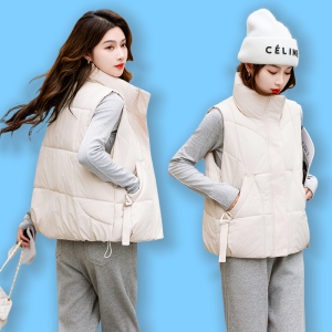 Womens Short Thickened down Cotton Vest Winter Warm Outerwear Jacket Large Size Loose Fit Commute Style Cotton Pocket Vest