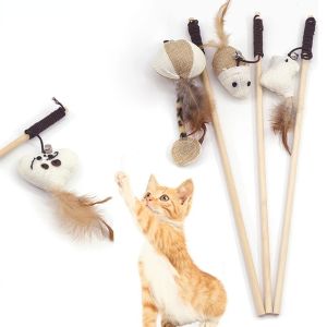 Pet Cat Teaser Toys  Feather Retractable Wood Stick Rod Funny Interactive Toy