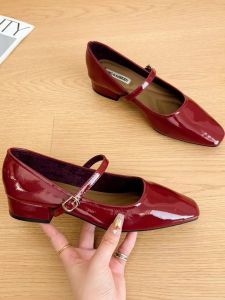 French Mary Jane Shoes Vintage Red Patent Leather Thick Heel Womens Wedding Shoes Bride Shoes Small Leather Shoes Buckle Sandals