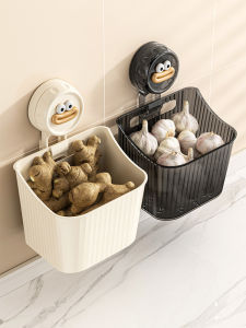 Kitchen Storage Box Wall Mounted Garlic Onion Ginger Holder Suction Cup Design No Drilling Required Vegetable Fruit Drainer