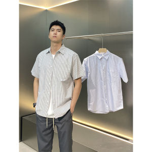 Summer New Mens Short Sleeve Striped Shirt Classic Workwear Cotton Plain Weave Standard Fit Youth Fashion Casual Shirt