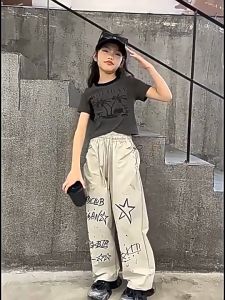 Retro-American Cargo Pants for Kids Girls Casual Street Fashion Tide Star Graffiti Cuffed Pants Anti-Mosquito Loose Pants Baggy Trousers 7-16yrs