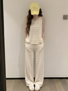 YUEZHONGWEI | Summer White Knitted Vest and Wide Leg Pants Two-Piece Set