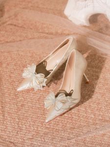 Champagne New Chinese Style High Heels Womens Shoes Wedding Dress Two-Way Wear Elegant Butterfly Knot Embroidery PU Lined Rubber Soled