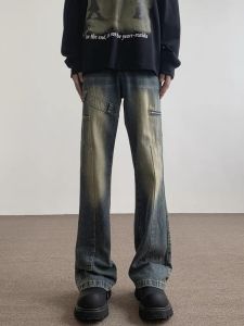 Loose Straight Leg Mens Jeans Woodcut Vintage American High Street Blue Flared Pants Workwear Versatile Long Trousers