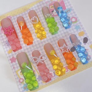 Handmade 3D Bear Soft Candy Nail Art Dyes Y2K Trendy Girl Wearables Comfortable Macaron Colored Nail Tips No Residue Leftover