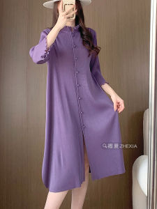 Elegant Midi Dress Womens Spring Autumn New Style Open Cardigan Single Button Pleated High-End Skirt Thin Polyester Fiber