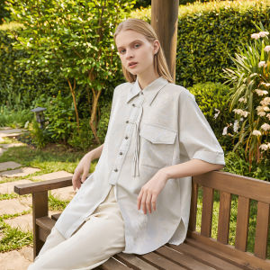 Lace Hollow-Out Cuff Roll Loose Jacquard Shirt