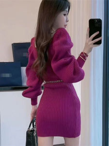 Váy Dệt Kim Màu Đỏ Ôm Vừa Vặn Cỡ Nhỏ Thanh Lịch Cho Nữ Mùa Đông Cao Cấp Váy Dài Cổ Vuông Dài Tay Phong Cách Hàn Quốc