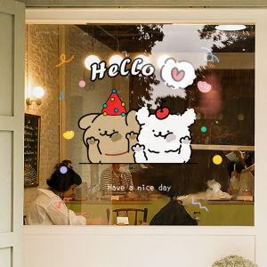 INS Style Wall Stickers Cartoon Decorative Hello Glass Stickers Shop Window Static Door Sticker Lines Puppy Dog Stickers