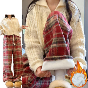 Red Vintage Plaid Woolen Pants Womens Autumn Winter Thickened Fleece Casual Drape Straight Leg Pants Floor-Length Pants
