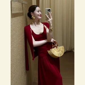 SHANGSHA | Summer Cool Elegance Fashionable Light Mature Lady Red Knit Dress Suit