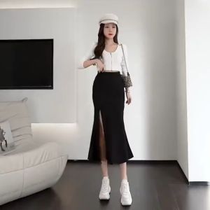 Chân váy Đuôi cá sẻ tà dáng dài đuôi cá xoè qua gối màu đen Tôn dáng chất vải co dãn dày dặn (Ảnh thật +Video)