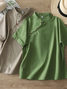 เสื้อเชิ้ตคอตั้งแขนยาวผ้าลินินผสมคอตตอนสไตล์จีนปรับปรุงสำหรับผู้หญิง ทรงหลวม แขนสั้น ทรงหลวม ทรงหลวม ทรงหลวม