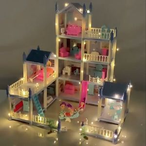 Mainan Rumah Rumahan Kastil Villa dengan Lampu dan Boneka Perakitan DIY Rumah Mainan