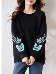 Loose Long Sleeve round Neck Sweatshirt Womens plus Size Comfortable Fit Embroidery Heavy Weave Floral Patterned Hoodie