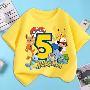 Bandai | Pokemons Cartoon Number Birthday T-shirts Pikachu Anime Cute Short-sleeved Top Boys Girls Summer Fashion T-shirt Kids Clothes