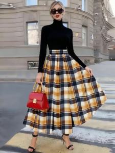 Printed Design Four season checkered pattern orange and black vacation style half skirt