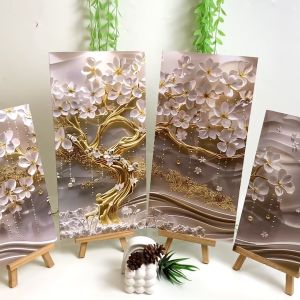 Hiasan Dinding 4 in 1 Set Bunga 3D Elegan Realistik Waldecor Nuansa Abstrak Gold Minimalis Hiasan