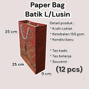 Paper Bag Batik Merah Besar L Perlusin Isi 12 pcs Ukuran 25×9×35 cm