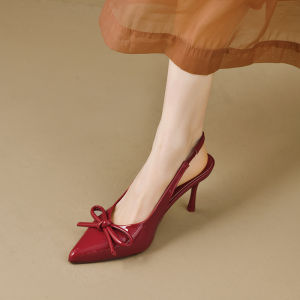 Spring 2025 Red Patent Leather Butterfly Knot Decorated Pointed Toe High Heel Mule Sandals Womens Open Toe Slip-On Shoes