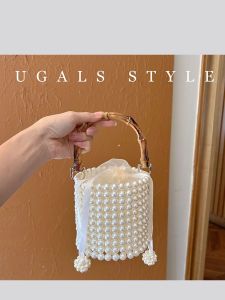 กระเป๋าถือทรงถังผ้าฝ้ายลายจุดสีพื้นสไตล์ลำลอง UGALS กระเป๋าถือด้ายปักลายพร้อมด้ามจับไม้ กระเป๋าสะพายข้างสำหรับงานวันเกิด