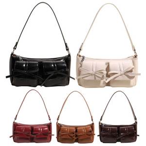 Female Bow Underarm Bag Double Pockets Y2k Shoulder Bag PU Leather Vintage Handbag Travel Shopping Work Date Bag