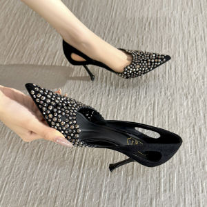 รองเท้าส้นสูงประดับคริสตัลสีดำสำหรับผู้หญิง ทรงหัวแหลม สายรัดนิ้ว ส้นบาง รองเท้าส้นเดี่ยว รองเท้าแฟชั่น รองเท้าลำลอง