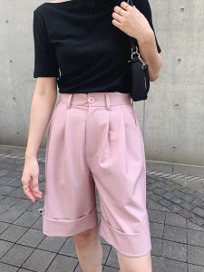 High Waist Wide Leg Pants Womens Summer Casual Slimming Pink Black Five-Point Suit Pants Comfortable Breathable Polyester Fiber