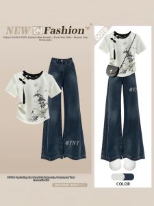 YNY | Chinese Style Print Summer Top and Loose Fit Jeans Set