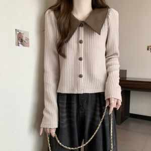 Plus Size Womens Clothing Fancy Elegant Polo Collar Long Sleeves Knitting T-shirt 2024 Early Autumn New Arrival Short Fat Hiding Top