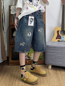 QIANCHANGNAAI | Plus Size Puppy Embroidered Denim Shorts