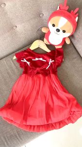 [Noel-Tết] Váy Đầm Màu Đỏ Nơ Trắng Vải Nhung Xốp Diện Giáng Sinh và Tết Cho Bé Gái 11-19kg
