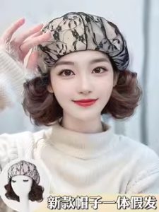 Wig Hat One-Piece Female Elegant Turn up Short Curly Hair All-Match Lace Flower Octagonal Beret Wig Full-Head Wig