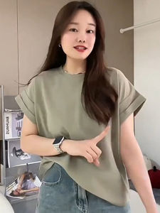Womens Short Sleeve T-Shirt 2024 New Summer Loose Slimming Fly Sleeve round Neck Top Korean Style Polyester Fiber Classic Pattern