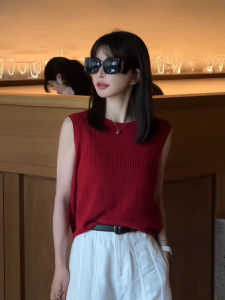 chaqi | Red Knitted Vest Womens Summer New Design Slim Fit Sleeveless Top Inner Wear Outerwear Base Layer Fashion Style Commute Wind