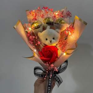 Bouquet Birthday Love Ferrero Rocher Rose Soap Flower Dried Baby Breath Mini Bear Jambak Bunga Hari Jadi Ferrero Rocher Bunga Sabun Ros Bunga Baby Breath Kering