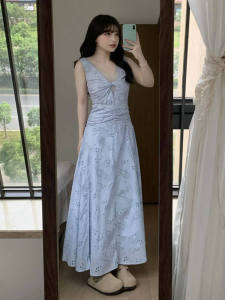 CHANGTONG | Korean Style V-Neck Strapless Dress Slim Fit Summer Trend Lace Splicing Hollow Out Backless Womens Citywalk Dresses