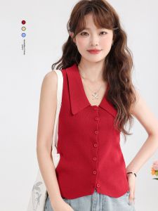 Red Knitted Short Vest XinmonLee Slim Fit Style V-Neck White Enhancing Pure Desire Sweet And Spicy Summer Fashion for Women