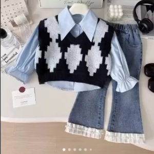 Setelan Denim Cutbray Kemeja Rompi Rajut Usia 1-5 Tahun Baju Anak Perempuan Korean Stylis