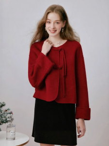 XIANGYING | Áo Khoác Trench Ngắn Màu Đỏ Bằng Lông Cừu